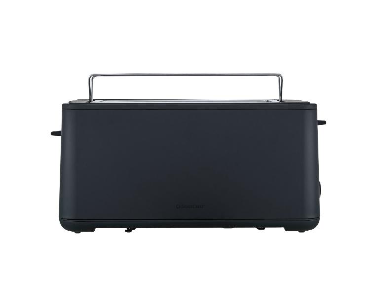 Zwarte broodrooster met lange sleuf en opwarmrek voor broodjes