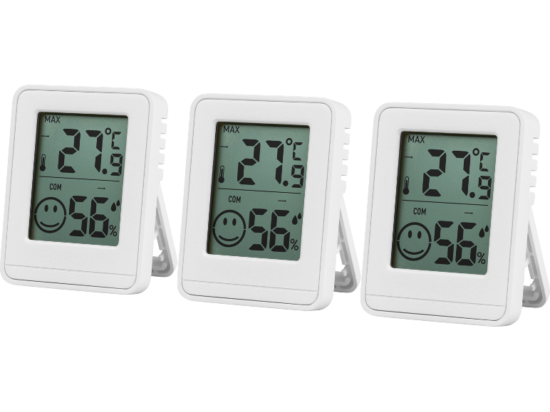 Drie witte digitale thermometer-hygrometers, die 27,5°C en 56% luchtvochtigheid tonen