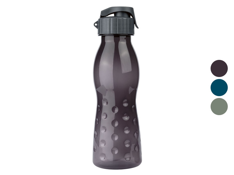 Een donkergrijze drinkfles met een zwarte dop.