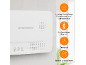 Witte rookmelder met LED-indicatoren en tekst over functies: lage batterij, vervangbare batterij, testknop, eenvoudige installatie.