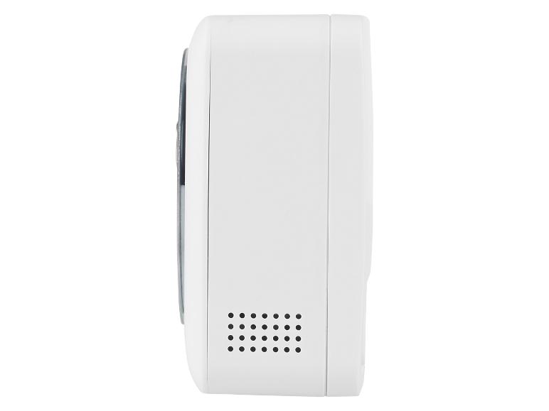 Wit elektronisch apparaat met ventilatierooster, zijaanzicht.