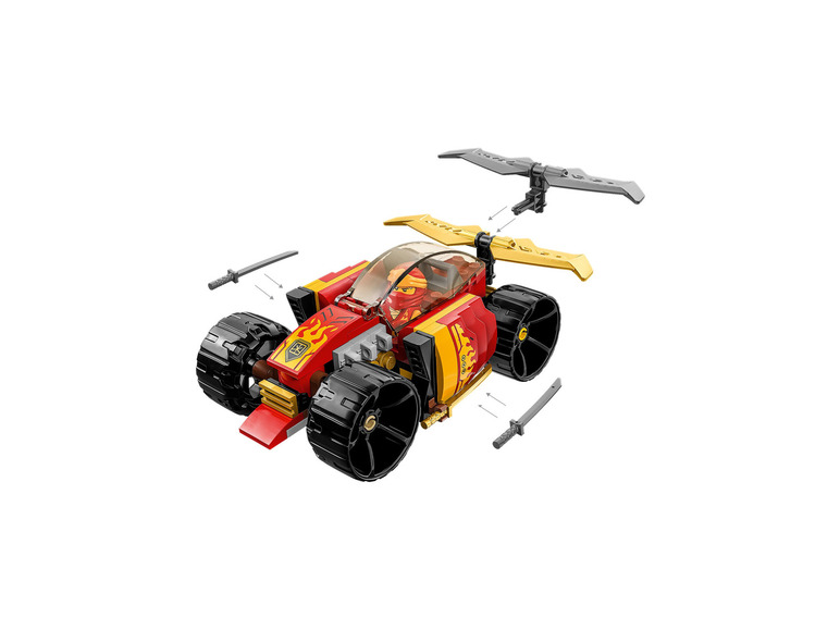 Een LEGO Ninjago auto met een minifiguur en zwaarden.