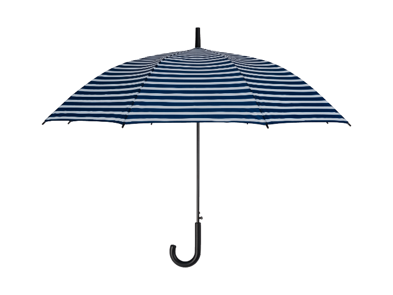 Donkerblauw-wit gestreepte paraplu.