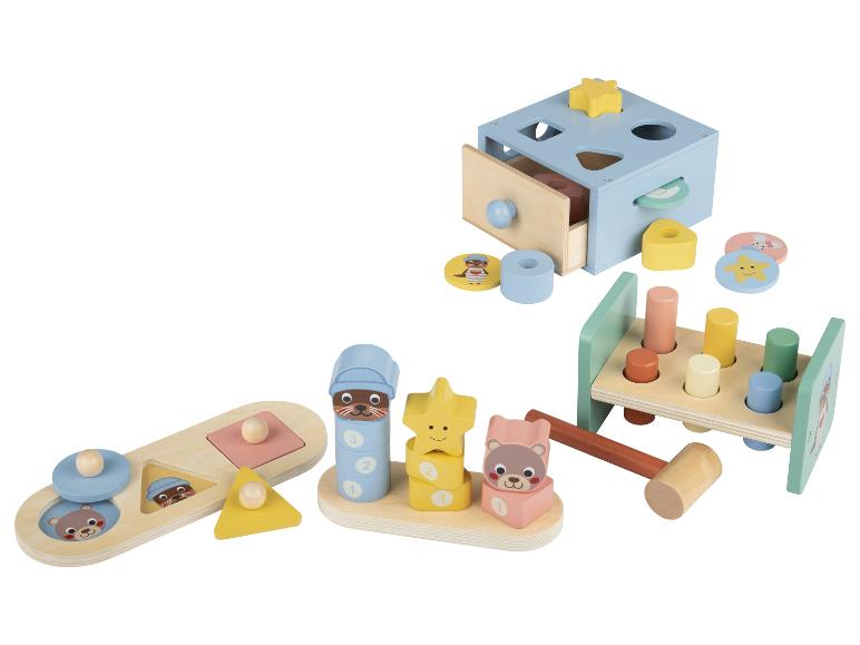 Houten babyspeelgoedset met vormsorteerder, hamer en stapelaar