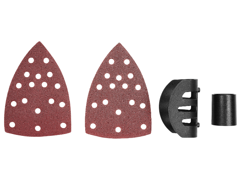 Twee driehoekige schuurpapieren en twee plastic onderdelen voor een schuurmachine.