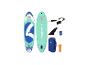 Blauwe en mintgroene SUP-plank met accessoires, inclusief vin, riem, tas en container.