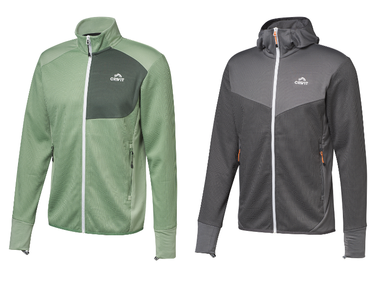 Twee Crivit fleecejacks, een met capuchon en een zonder.
