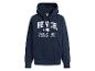 Donkerblauwe Bench hoodie met witte 'BENCH PHYS. ED' opdruk en kangoeroezak.