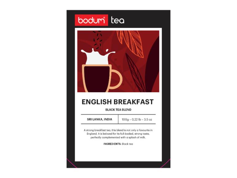 English Breakfast theeverpakking met een kopje en theebladeren.