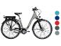 Grijze Zündapp e-bike met accu op de bagagedrager en kleurstalen.