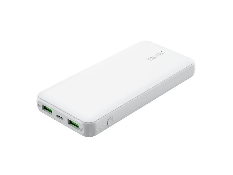 Witte powerbank met twee USB-poorten en oplaadindicatoren.