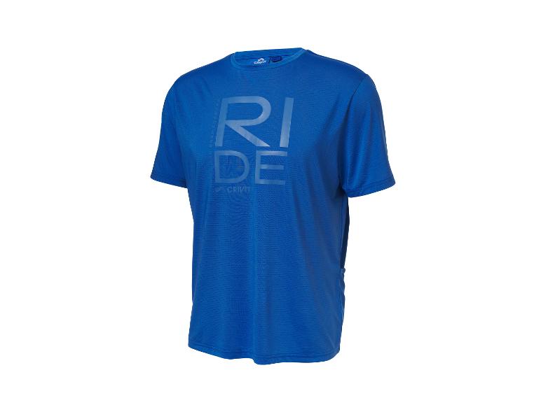 Blauw sport T-shirt met korte mouwen en de tekst 'RIDE' op de voorkant