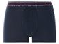 Donkerblauwe boxershorts met rode en witte strepen.