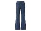 Donkerblauwe damesjeans met wijde pijpen, achteraanzicht.