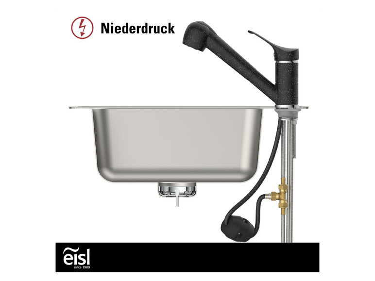 Een Eisl gootsteen met een zwarte kraan