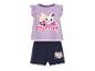 Meisjes pyjama met paars shirt en donkerblauwe shorts, schattig kattenprint.