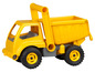 Een gele speelgoeddumptruck met een opklapbare laadbak.