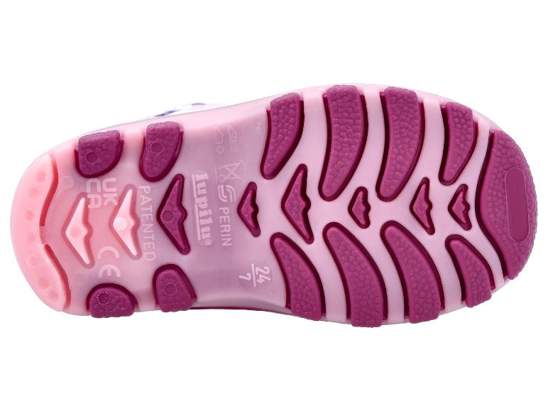 Roze en paarse Lupilu sandaalzool, met maten en patentinformatie.