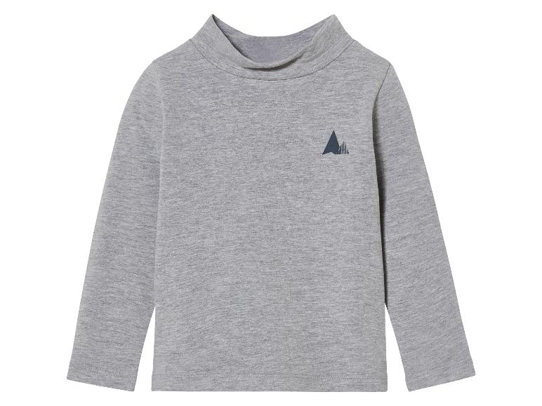 Een grijs longsleeve shirt met een gestileerde bergprint.