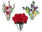 Drie boeketten LEGO botanische collectie bloemen, inclusief rozen en wilde bloemen.