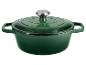 Groene gietijzeren braadpan met deksel en metalen knop