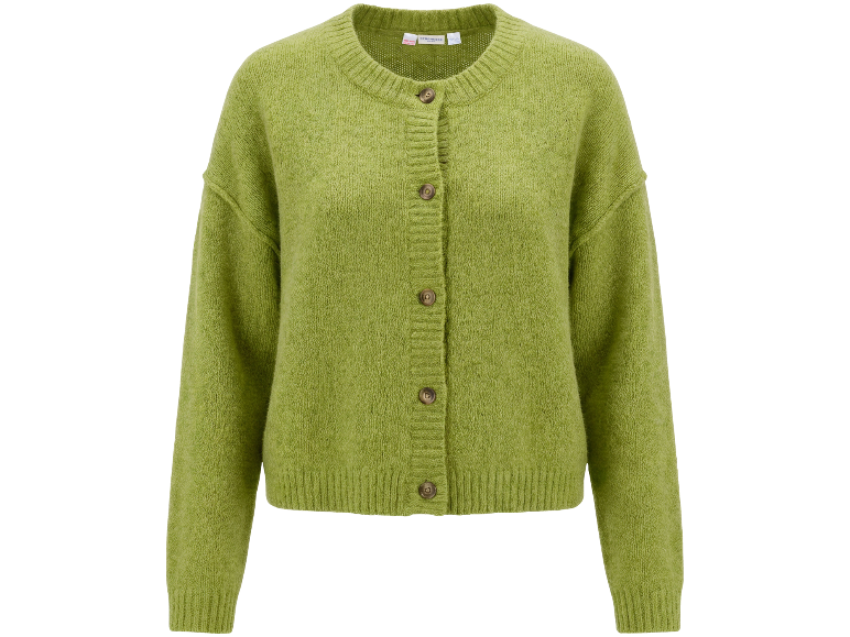 Groen gebreid vest met knopen.