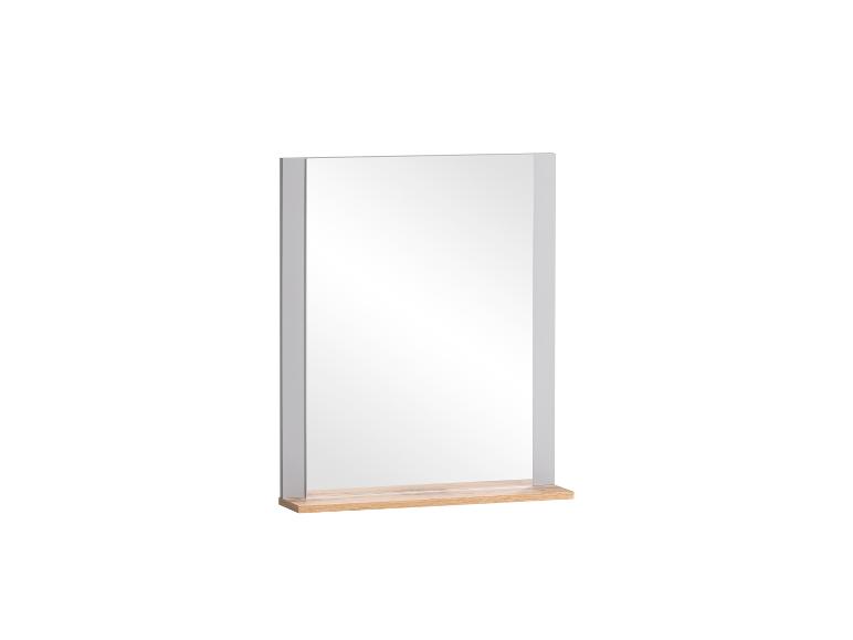 Rechthoekige spiegel met grijs frame en lichte houten plank