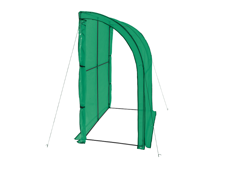 Groene tunnelkas met metalen frame en touwen.