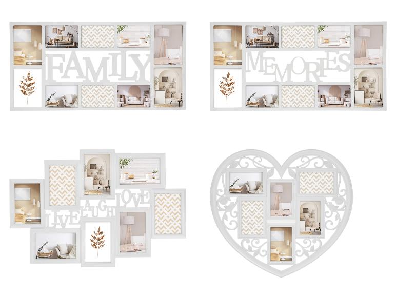 Vier witte fotolijsten met de teksten 'FAMILY', 'MEMORIES', 'LIVE LAUGH LOVE' en een hartvormige lijst.