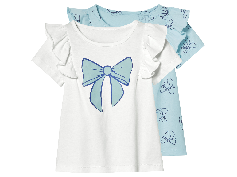 Twee kinder t-shirts met ruches en strikjes print.