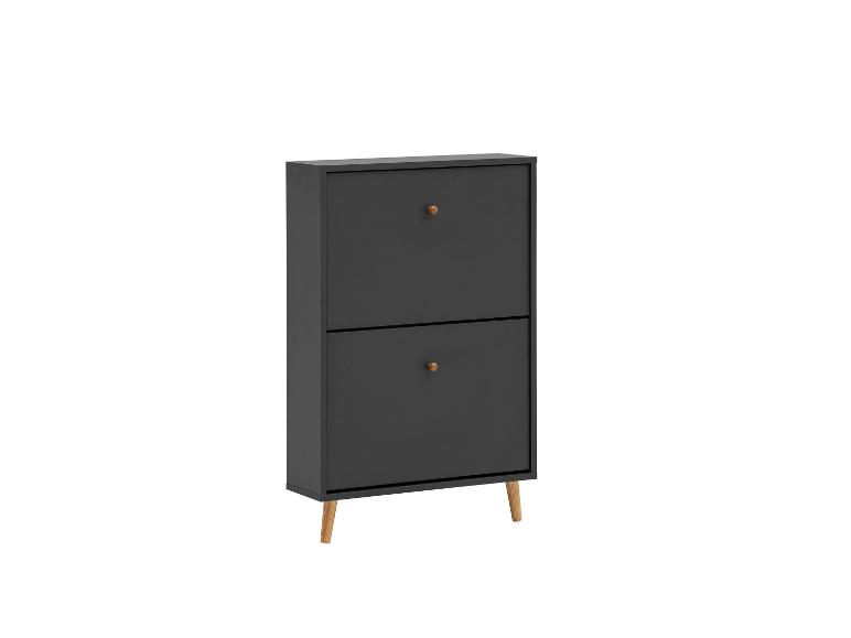 Zwarte schoenenkast met twee vakken, houten handgrepen en houten poten.