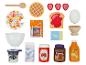 Ontbijtspeelset met ontbijtgranen, wafel, toast, ei, yoghurt, melk, jam, chocoladepasta en sinaasappelsap.