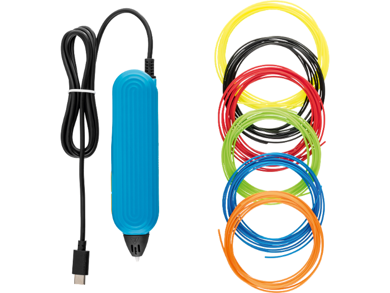 Blauwe 3D-printpen met USB-kabel en kleurrijke filamentrollen