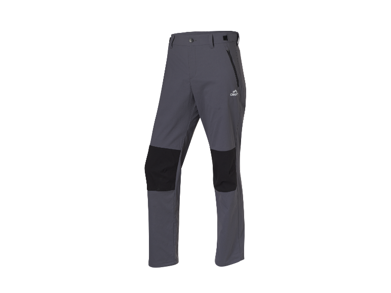 Grijze Crivit broek met zwarte kniebeschermers.