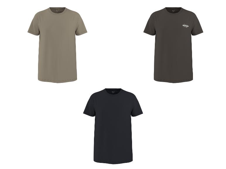 Drie heren T-shirts met korte mouwen in kaki, donkergrijs met 'Resilience' opdruk en marineblauw.
