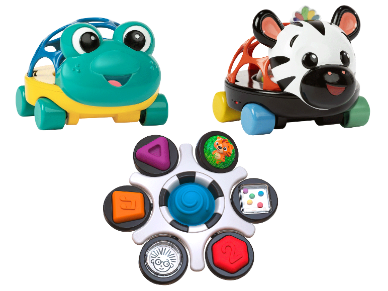 Drie VTech-speelgoedjes voor baby's: een schildpad, een zebra en een interactief centrum.