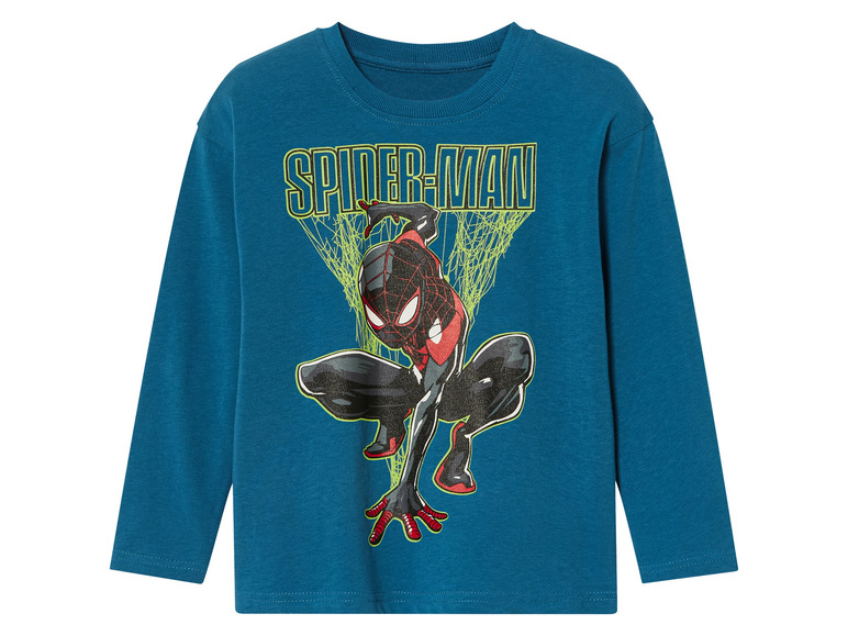 Een blauwe longsleeve met Spider-Man print.