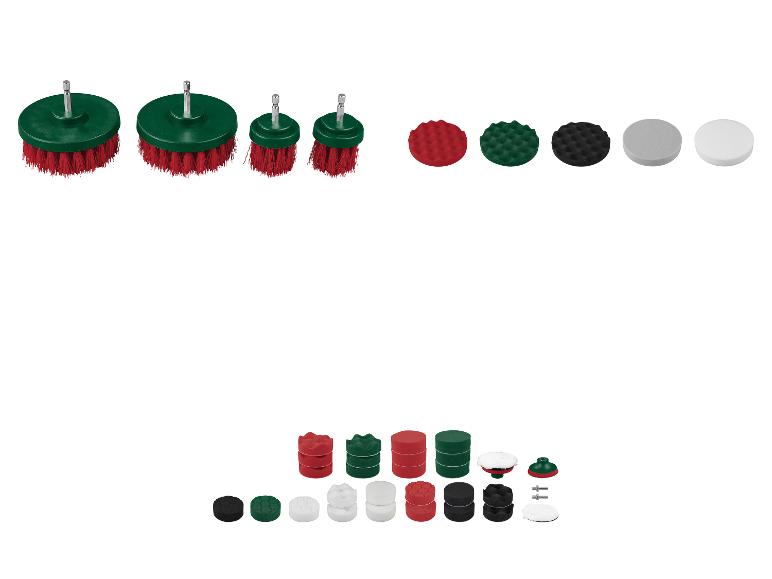 Set van reinigings- en polijstborstels en sponzen in diverse maten en kleuren.