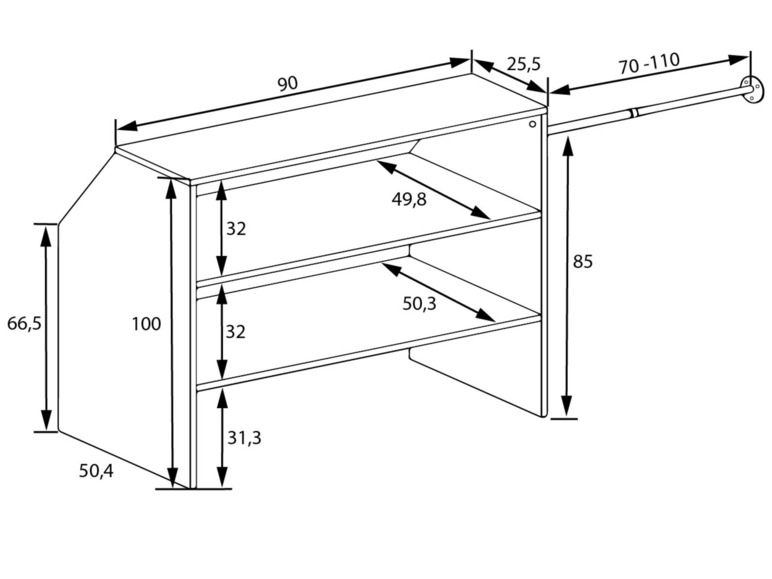 Een tekening met afmetingen van een kast met twee planken.