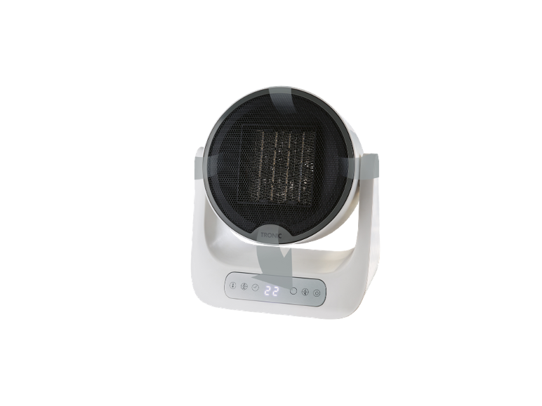 Witte keramische ventilatorkachel met digitaal display dat 22 graden temperatuur toont.