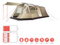 Een beige tent met rode details, geschikt voor 6 personen, met een luifel.