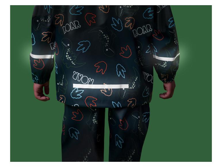 Kinderregenpak met dinosaurusprint en reflecterende strepen.