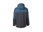 Blauw en donkergrijs kinderjack met capuchon, achterkant.