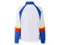 Wit en blauw jack met retro kleuraccenten.