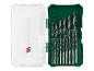 Boorset met diverse boren in een open groene en transparante koffer