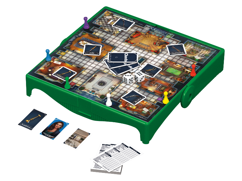 Cluedo bordspel: bord, pionnen, personage- en wapenkaarten.