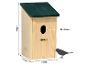 Houten vogelhuisje met groen dak, afmetingen 30x18x17 cm, en ovale ingang 32x48 mm