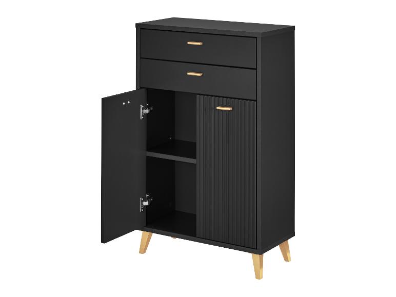 Zwarte ladekast met twee laden en een open kastdeur, op houten poten.