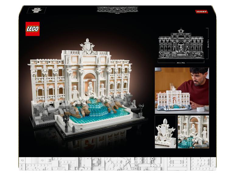 LEGO Architecture Trevifontein set op de doos, met afmetingen en details.