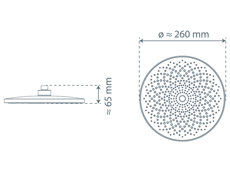 Een technische tekening van een ronde douchekop met een diameter van 260 mm en een hoogte van 65 mm.